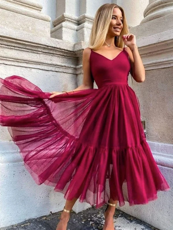 halter neck evening dress-Simple V Neck Tea Length Burgundy Long Prom, V Neck Wine Red Formal Evening