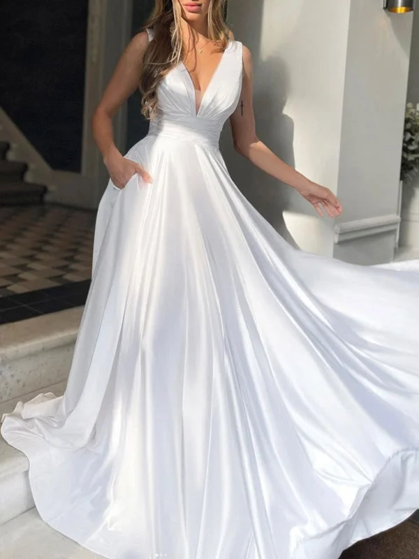 classic black evening gown-Simple V Neck White/Green Satin Long Prom Dresses, Long White/Green Formal Graduation Evening Dresses