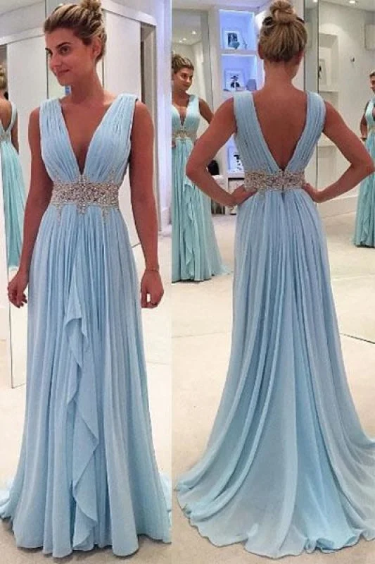 shimmering evening gown-Sky Blue A Line Deep Neck Sleeveless V Back Beading Pleats Chiffon Long Prom Dress