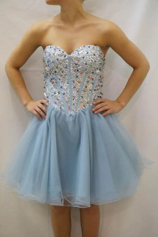 elegant evening dress with train-Sky Blue Strapless Homecoming Beads Sweetheart Tulle Prom Dress with Sequins