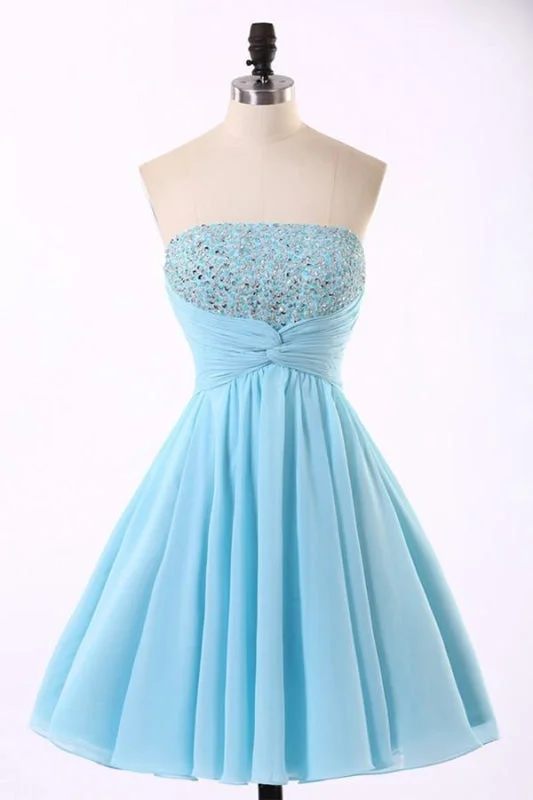 fit and flare evening dress-Sleeveless Blue Chiffon Beading Homecoming/Prom Dresses