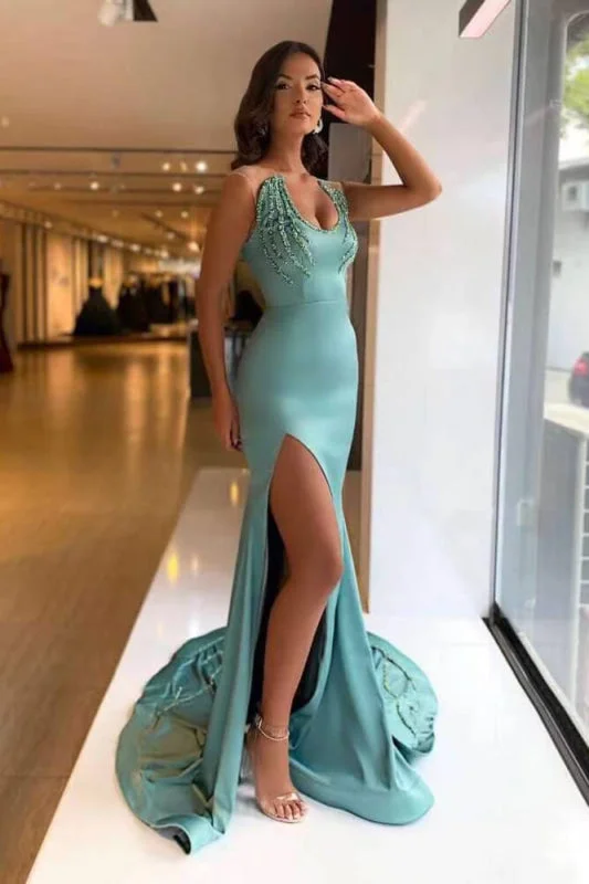 sparkly evening gown-Sleeveless Long Beaded Mermaid Prom Dress with Split