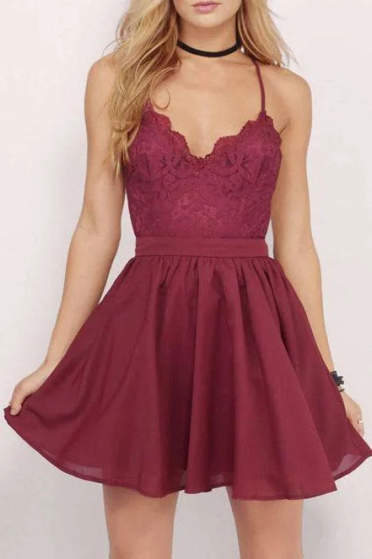 jewel neckline evening dress-Spaghetti Straps Chiffon Short Homecoming with Lace Top Mini Grad Dress