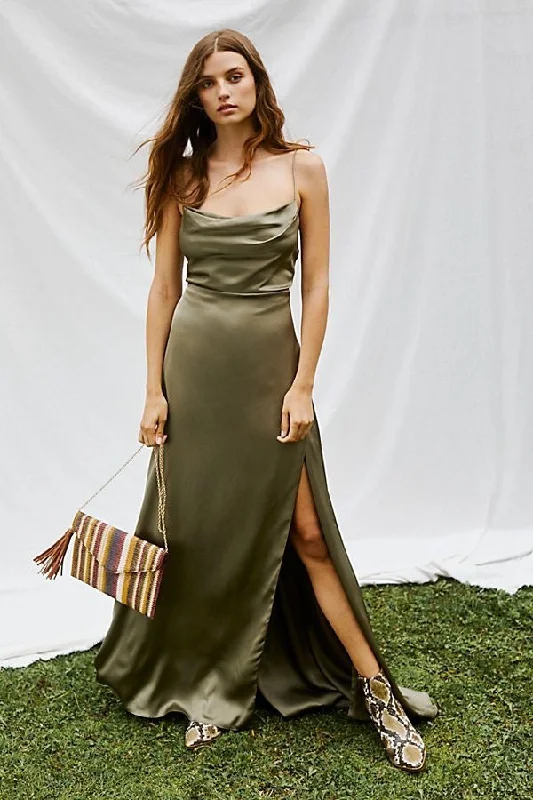 sequined formal evening dress-Spaghetti Straps Olive Green Slit Prom Dresses