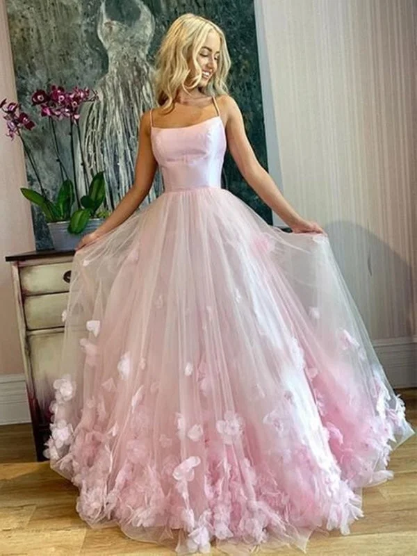 off shoulder evening dress-Spaghetti Straps Pink Floral Long Prom, Pink Floral Long Formal Evening