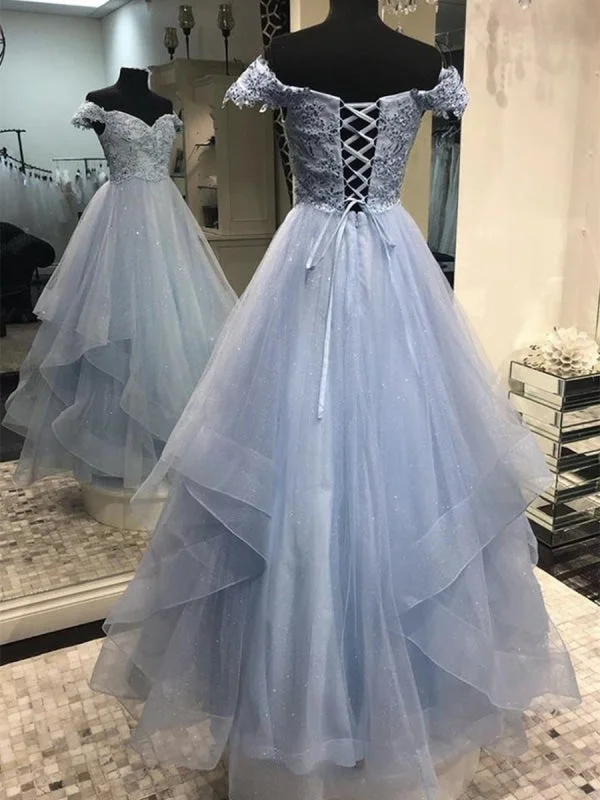 vintage-inspired evening gown-Sparkly Off Shoulder Blue Lace Long Prom, Off the Shoulder Blue Formal, Blue Lace Evening