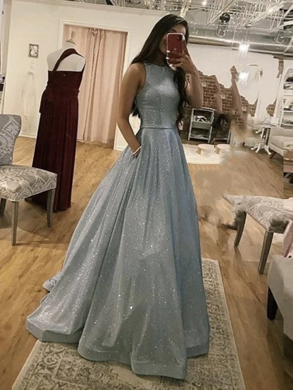 elegant evening dress with train-Sparkly Round Neck Silver Grey Long Prom, Silver Gray Long Formal Evening