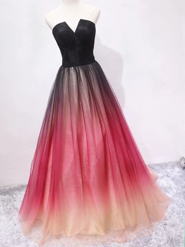 evening gown with floral lace-Strapless A Line V Neck Open Back Ombre Long Prom, Long Ombre Formal Graduation Evening