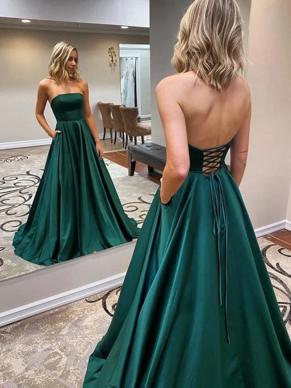 pleated evening gown-Strapless Backless Emerald Green Long Prom with Pocket, Backless Emerald Green Formal Graduation Evening