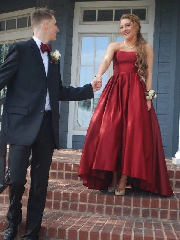 elegant peplum evening gown-Strapless Burgundy Ankle Length Prom Dresses