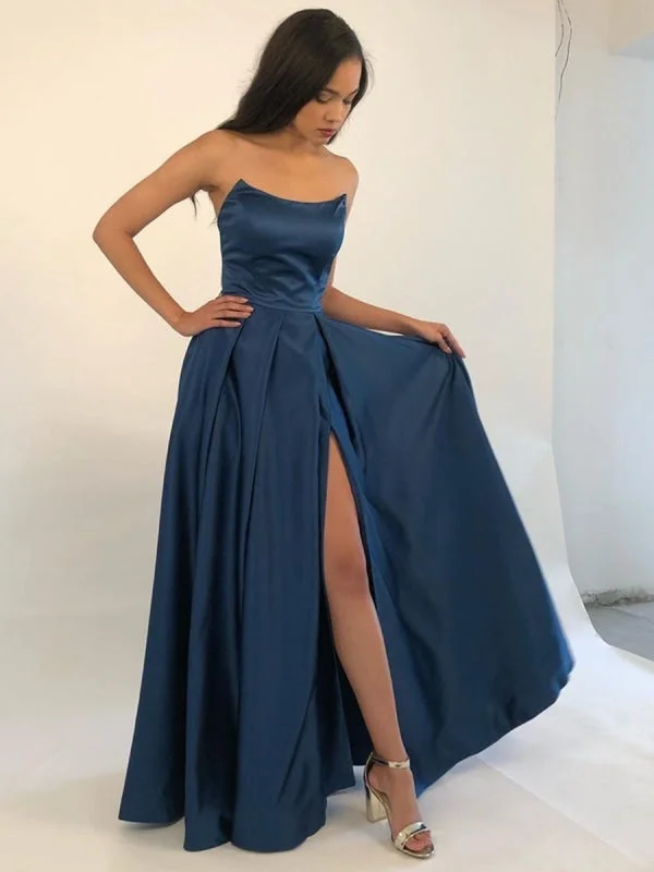 sparkly evening gown-Strapless Burgundy/Blue Satin Long Prom with Side Slit, Strapless Burgundy/Blue Formal Graduation Evening