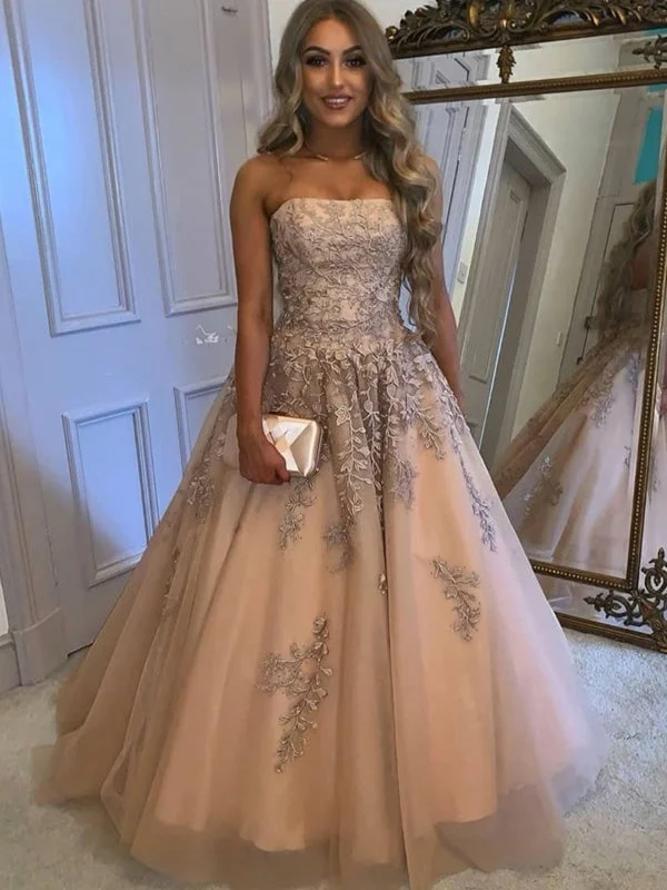 elegant long sleeve evening dress-Strapless Champagne Tulle Lace Long Prom Dresses with Appliques, Champagne Lace Formal Graduation Evening Dresses