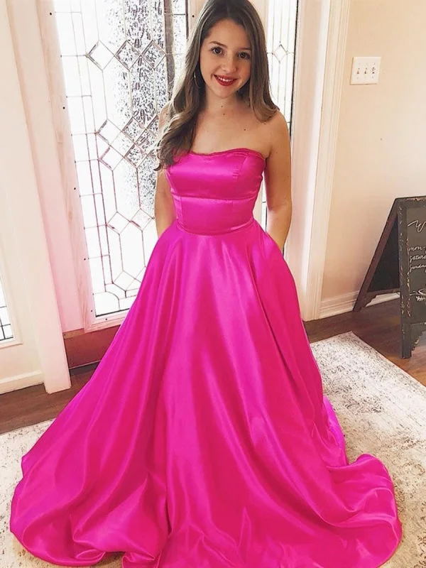 elegant lace overlay evening gown-Strapless Fuchsia Satin Long Prom with Pocket, Hot Pink Long Formal Evening