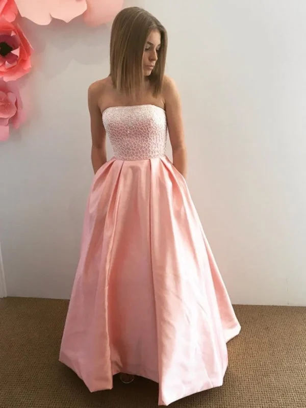 sleeveless tulle evening dress-Strapless Lace Top Pink Satin Long Prom, Strapless Pink Lace Formal, Pink Lace Evening