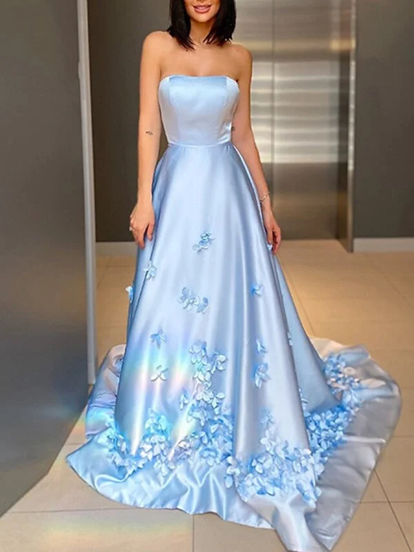 illusion back evening gown-Strapless Light Blue Satin Floral Long Prom Dresses, Light Blue Formal Dresses with 3D Flowers, Light Blue Evening Dresses