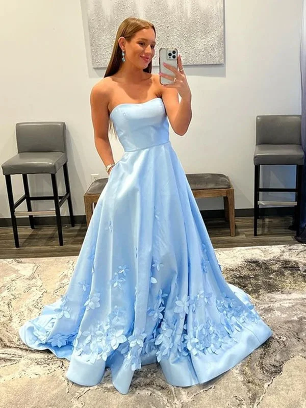 elegant formal black evening gown-Strapless Light Blue Satin Long Prom Dresses with 3D Flowers, Long Light Blue Floral Formal Graduation Evening Dresses