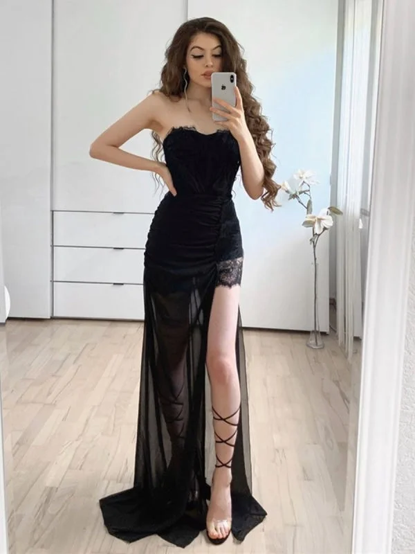 elegant long sleeve evening dress-Strapless Long Black Lace Prom with High Slit, Black Lace Formal Graduation Evening