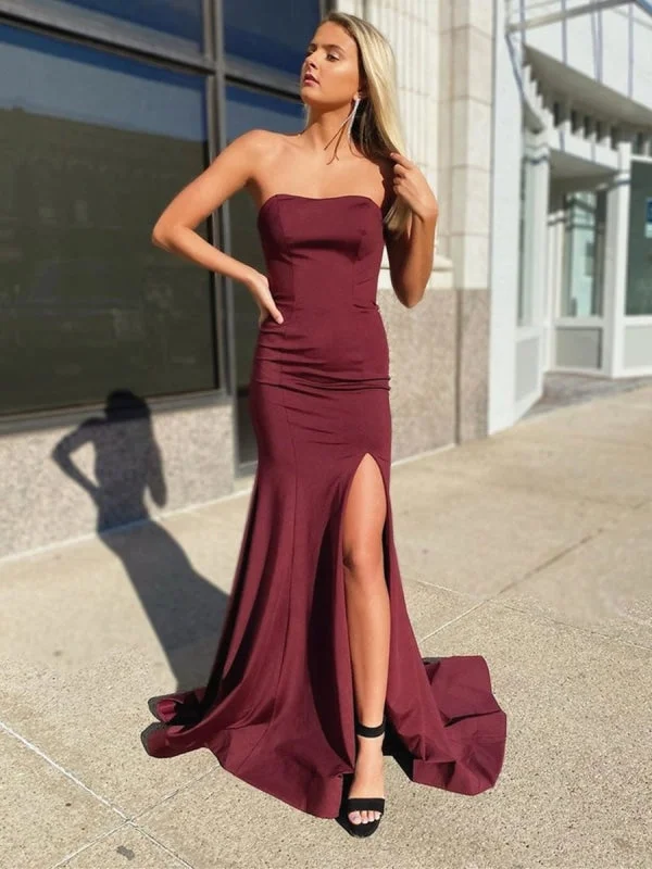 evening gown for special occasions-Strapless Mermaid Burgundy Long Prom with Corset Back, Mermaid Maroon Formal with Leg Slit, Mermaid Burgundy Evening