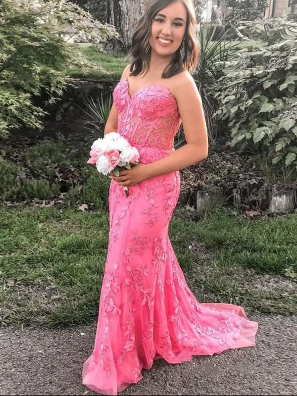 elegant cocktail evening dress-Strapless Mermaid Hot Pink Lace Floral Long Prom Dresses, Mermaid Hot Pink Formal Dresses, Hot Pink Lace Evening Dresses