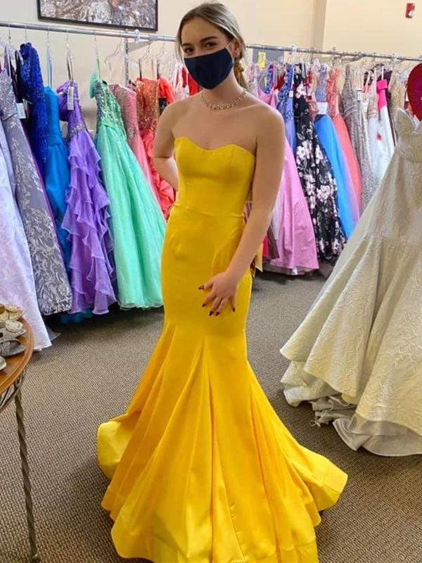 evening dress with blouson top-Strapless Mermaid Yellow Satin Long Prom Dresses, Mermaid Yellow Formal Graduation Evening Dresses