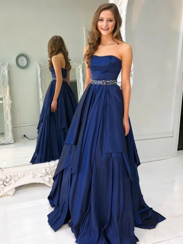 beaded evening dress-Strapless Navy Blue Satin Layered Long Prom Dresses with Belt, Navy Blue Formal Graduation Evening Dresses