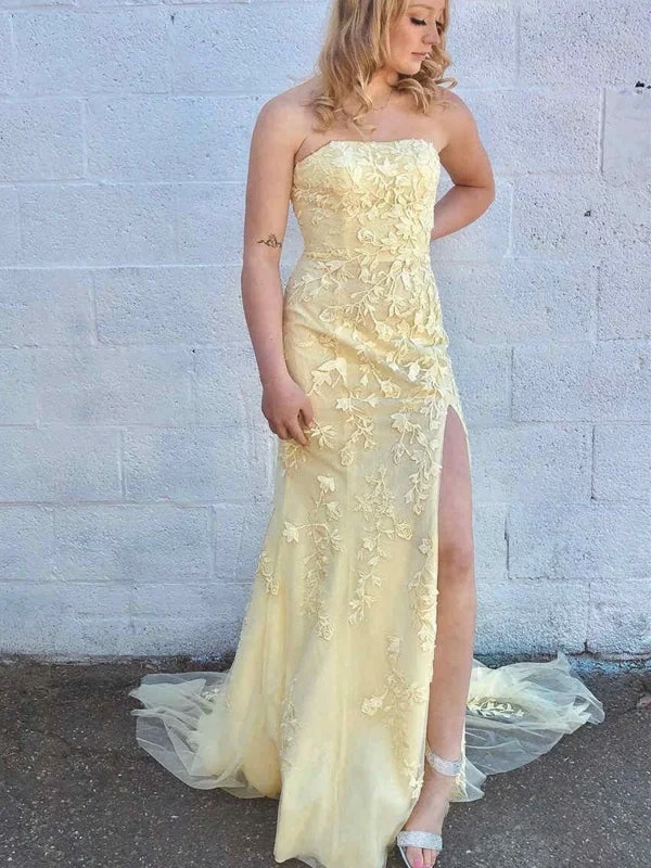 empire waist evening gown-Strapless Open Back Yellow Tulle Lace Long Prom Dresses, Yellow Lace Formal Graduation Evening Dresses with High Slit