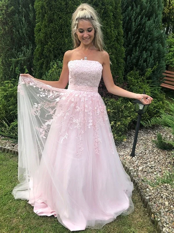 evening dress with crystals-Strapless Pink Tulle Lace Long Prom Dresses, Pink Lace Formal Graduation Evening Dresses