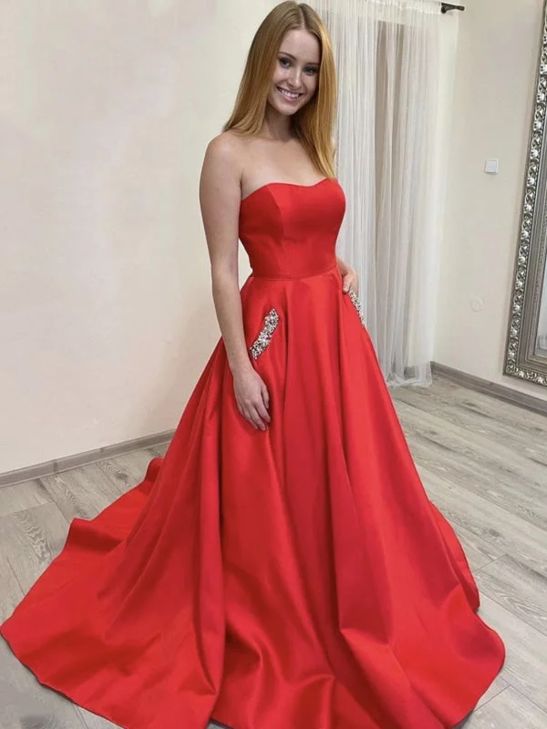 evening dress with sleeves and lace-Strapless Red Satin Long Prom Dresses with Pocket, Long Red Formal Graduation Evening Dresses