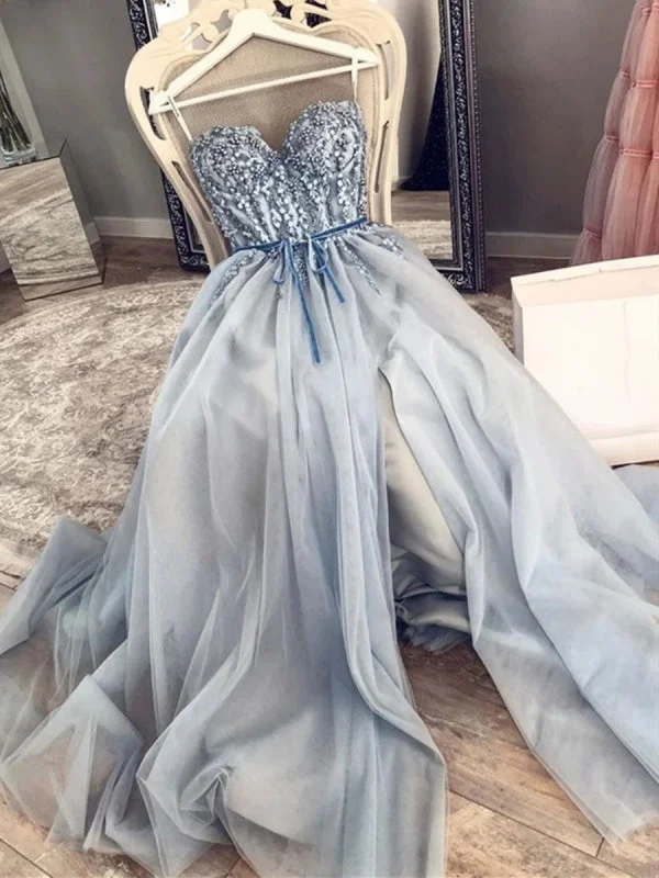 fit and flare evening dress-Strapless Sweetheart Neck Beaded Blue Long Prom with High Slit, Blue Formal, Evening