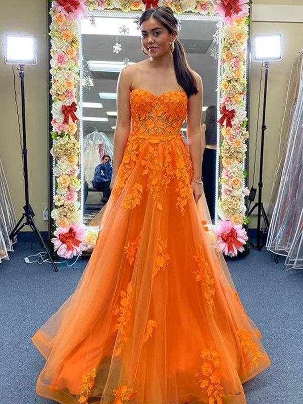 satin evening dress-Strapless Sweetheart Neck Orange Tulle Lace Long Prom Dresses, Orange Lace Formal Evening Dresses