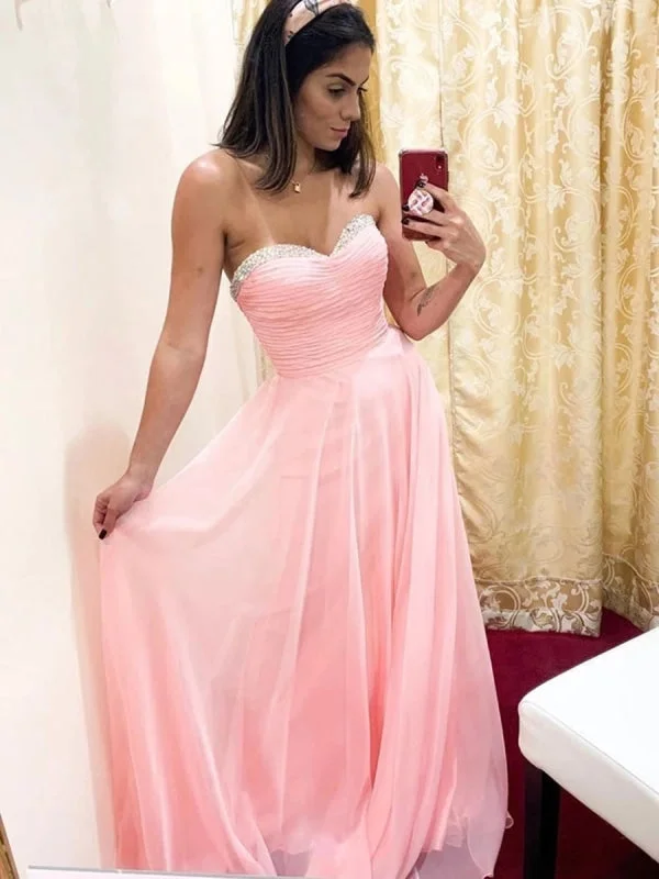 high neck formal evening gown-Strapless Sweetheart Neck Pink Chiffon Long Prom with Beading, Strapless Pink Formal Graduation Evening