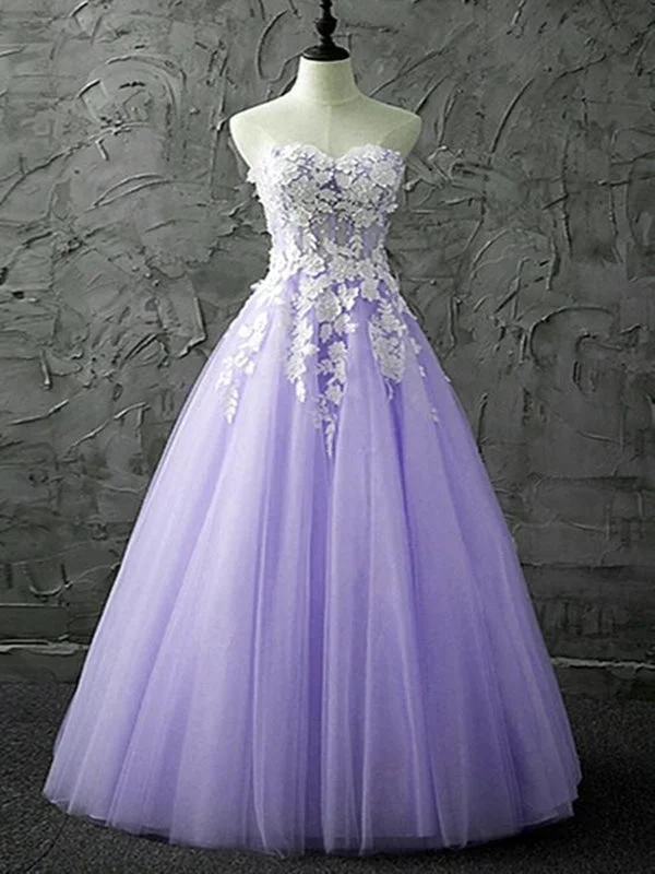 evening gown with pleated skirt-Strapless Sweetheart Neck Purple Lace Long Prom, Lilac Lace Formal Evening