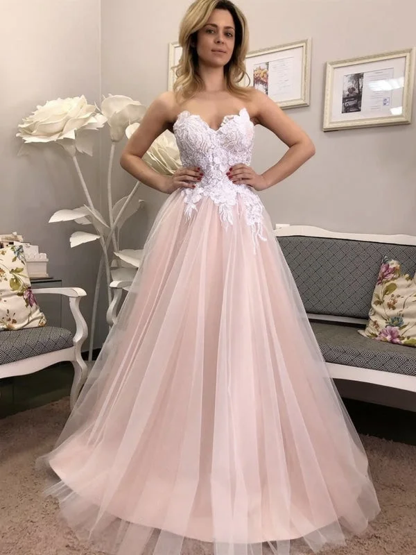 draped evening gown-Strapless V Neck Pink Lace Floral Long Prom, Pink Lace Formal, Pink Evening