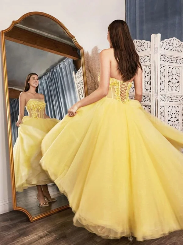 elegant velvet evening dress-Strapless Yellow Lace Floral Tea Length Prom Dresses, Yellow Lace Formal Dresses, Tea Length Yellow Evening Dresses