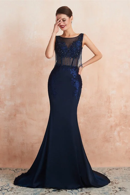 sequined formal evening dress-Stunning Navy Blue Jewel Neck Sleeveless Mermaid Prom Dress with Rhinestone Lace and Tassels