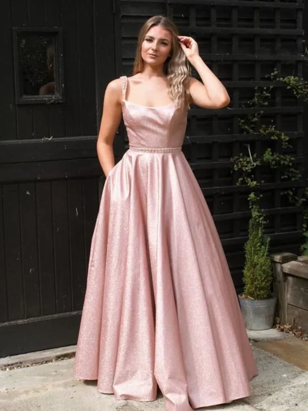 high-low evening gown-Stylish A Line Floor Length Pink Long Prom with Straps, Shiny Pink Formal Evening