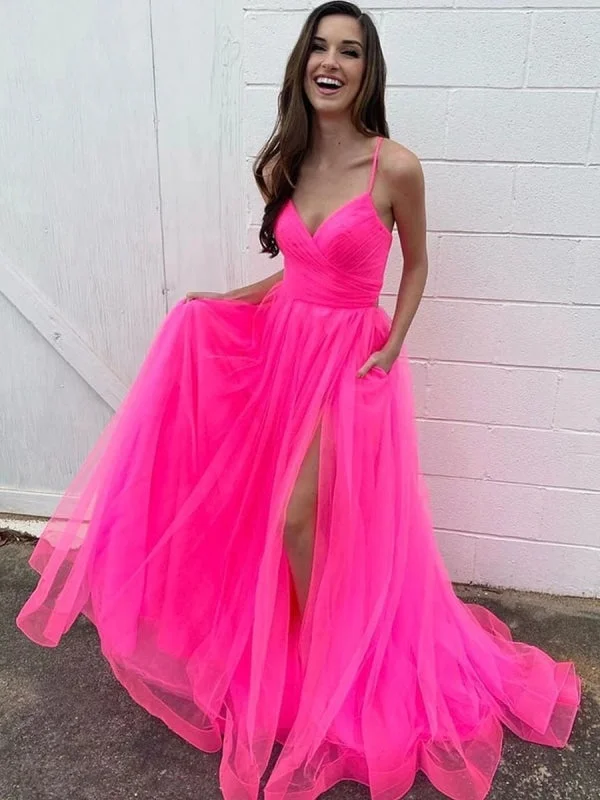 mermaid evening dress-Stylish A Line V Neck Hot Pink Long Prom with High Slit, V Neck Hot Pink Formal, Hot Pink Evening