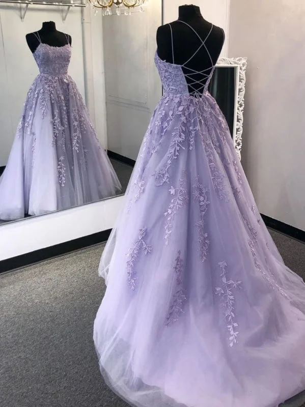 evening dress with side slit-Stylish Backless Purple Lace Long Prom Dresses, Purple Lace Formal Dresses, Purple Evening Dresses, Ball