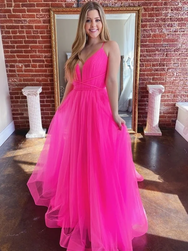 fishtail evening dress-Stylish Deep V Neck Backless Hot Pink Long Prom, Open Back Hot Pink Formal Graduation Evening