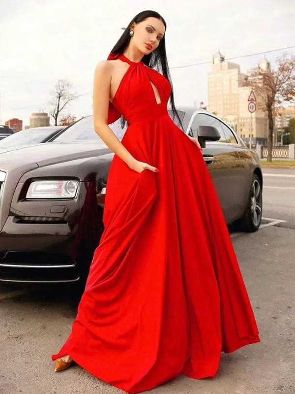 halter neck evening dress-Stylish Halter Neck Red Long Prom, Elegant Halter Neck Red Formal, Red Evening