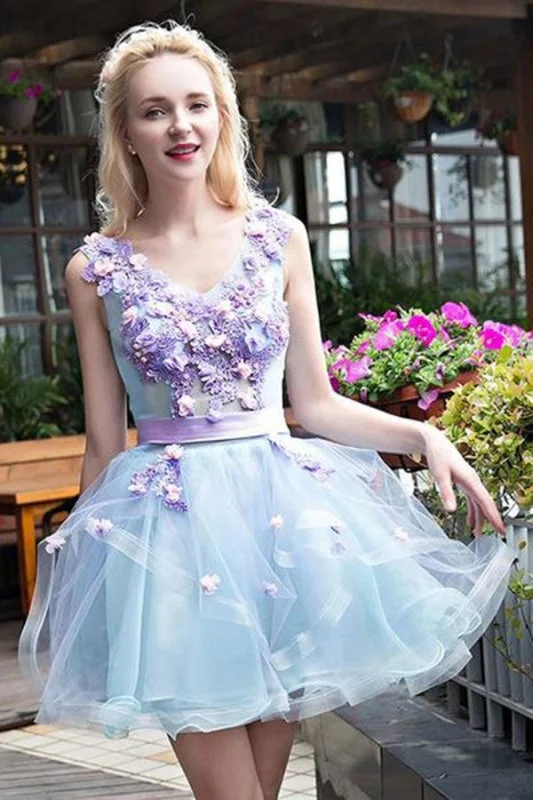 backless evening dress-Stylish Light Blue Tulle Short Homecoming with Lilac Appliques Sweet 16 Dress