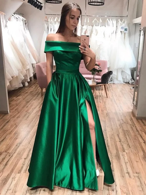 empire waist evening gown-Stylish Off Shoulder Green Long Prom 2020 with Side Slit, Off the Shoulder Green Formal Graduation Evening