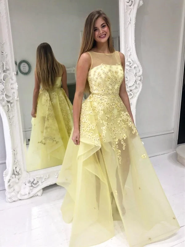 evening gown with crystal embellishments-Stylish Round Neck Yellow Lace Floral Prom, Yellow Lace Formal Graduation Evening