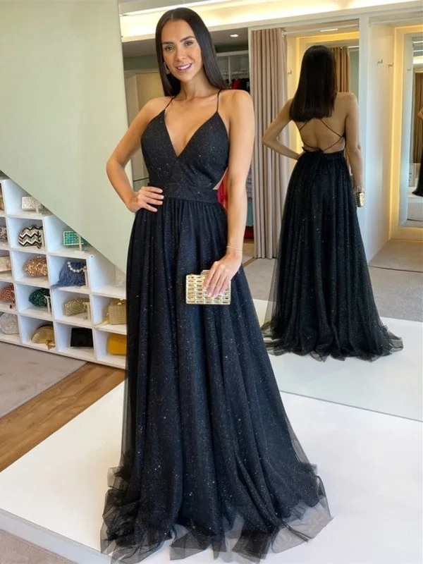 ball gown evening dress-Stylish V Neck Backless Black Long Prom, Shiny Backless Black Formal Graduation Evening