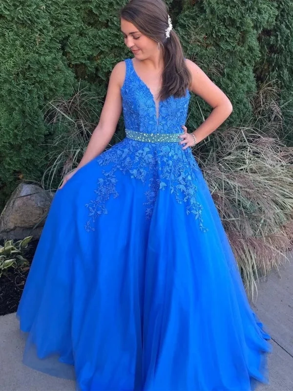 elegant formal black evening gown-Stylish V Neck Backless Blue Lace Long Prom 2020 with Belt, Backless Blue Lace Formal, Blue Lace Evening