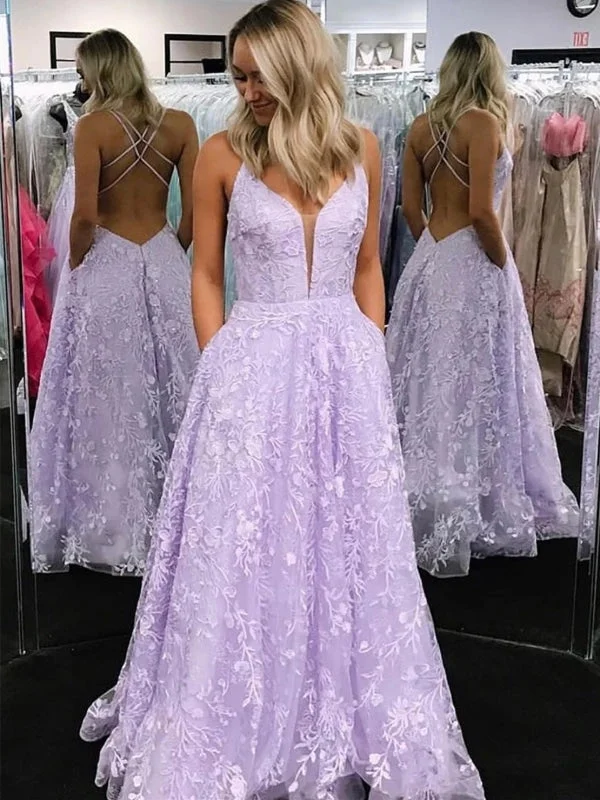 evening dress with embroidery-Stylish V Neck Backless Lilac Lace Appliques Prom 2020, Backless Lavender Lilac Lace Formal Graduation Evening