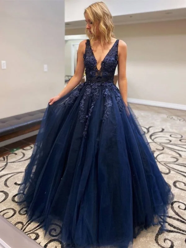 illusion neckline evening gown-Stylish V Neck Beaded Navy Blue Lace Prom, Navy Blue Lace Formal, Navy Blue Evening