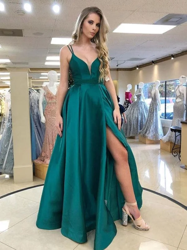 evening gown with crystal embellishments-Stylish V Neck Green Long Prom with High Slit, V Neck Green Formal Graduation Evening