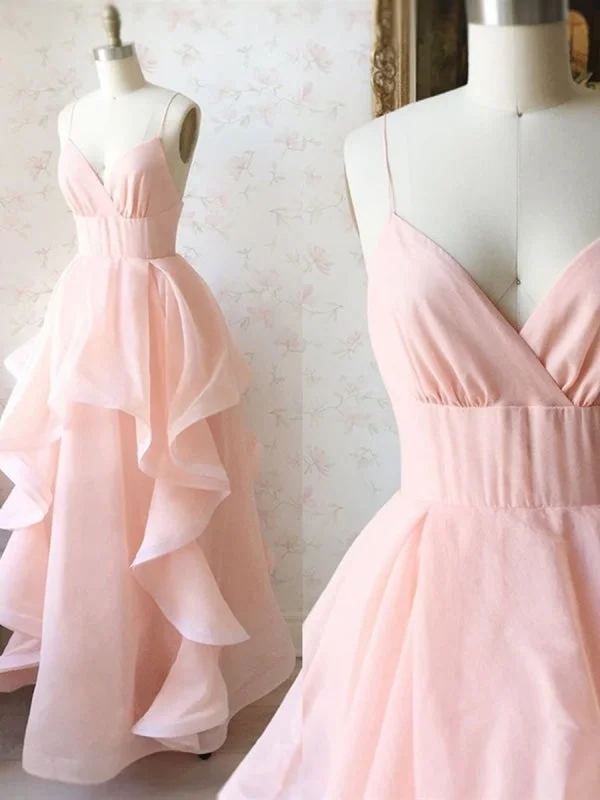 evening gown with beads-Stylish V Neck Long Pink Prom Dresses, Fluffy Pink Formal Evening Dresses, Pink Ball