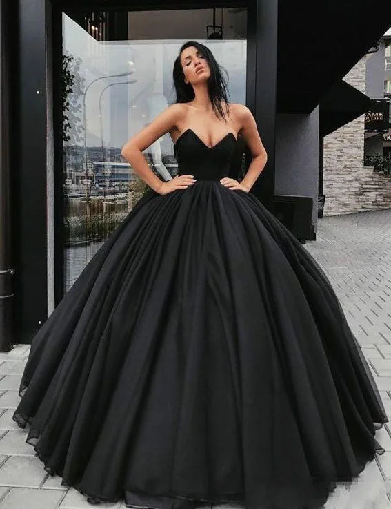 strapless evening dress-Sweetheart Black Long Prom Dresses GH008